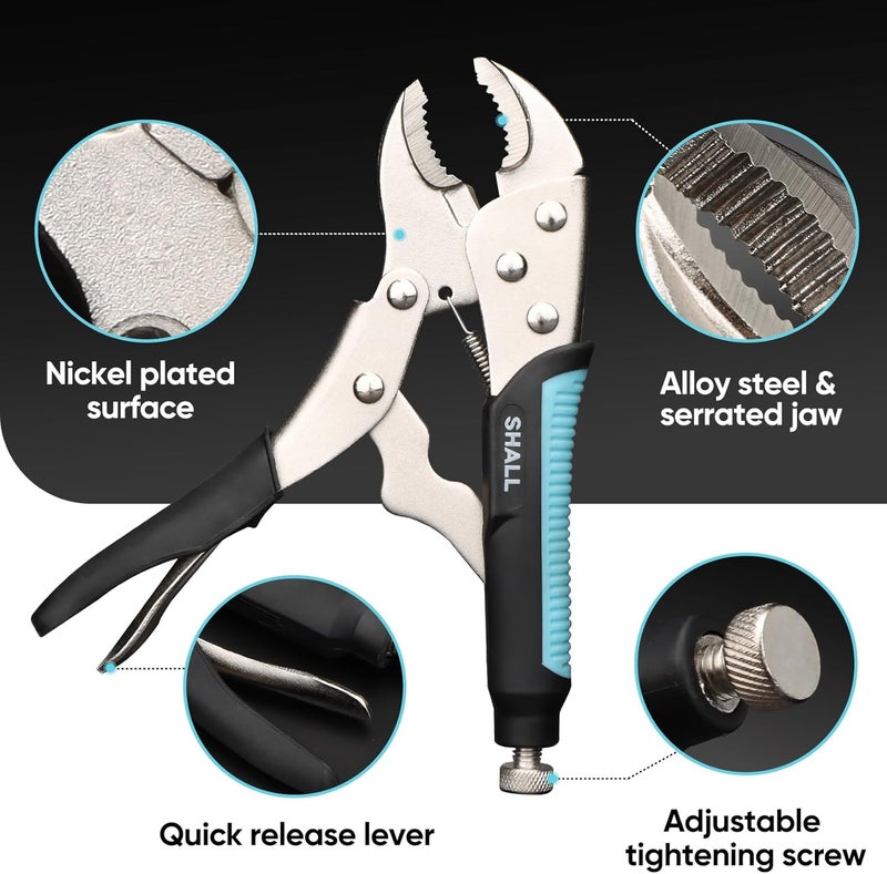 SHALL 6-Piece Locking Pliers, Vice Grips Pliers Set, 5",7" & 10" Curved Jaw Locking Pliers, 6-1/2" & 9-1/2 Long Nose Locking Pliers, 6" Locking C-Clamp, Two-Color TPR Handle, Roll Up Pouch Included - Image 2